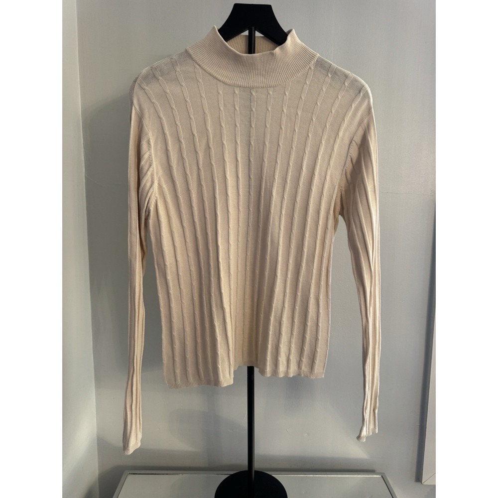 City Silk Knitwear Women's Cream Ribbed Mock Neck‎ Silk Blend Sweater Size L